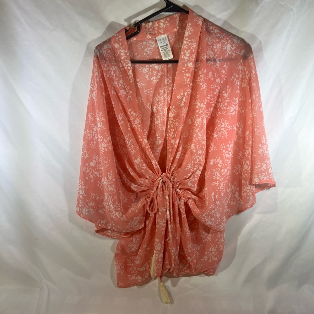Time and Tru Coral Floral Kimono Robe